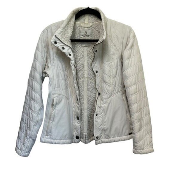 Prana S Diva Jacket Quilted Lightweight Full Zip Snap Sherpa Lined Cream White - Picture 2 of 9